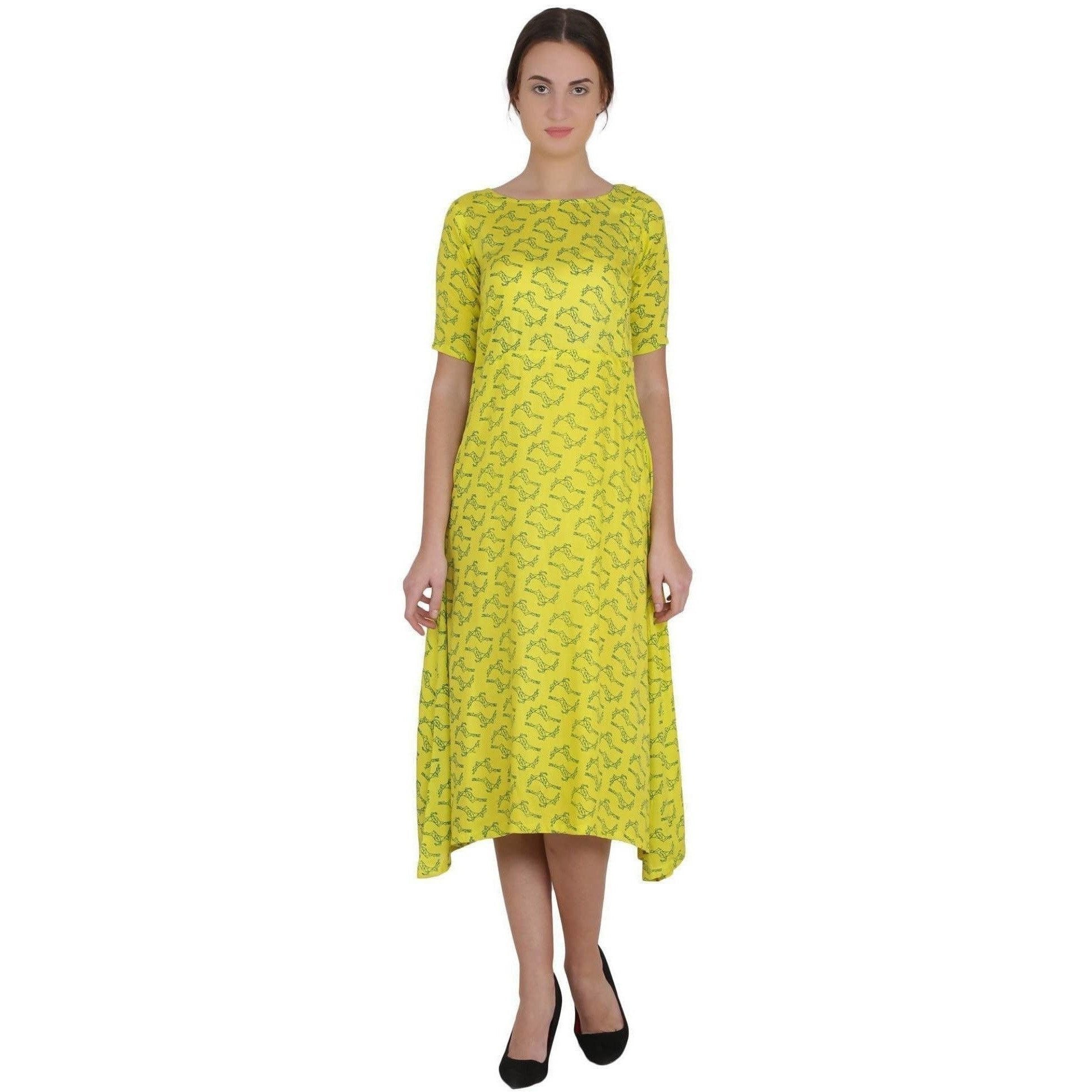 Kanoor Women's Yellow Rayon A-line kurti