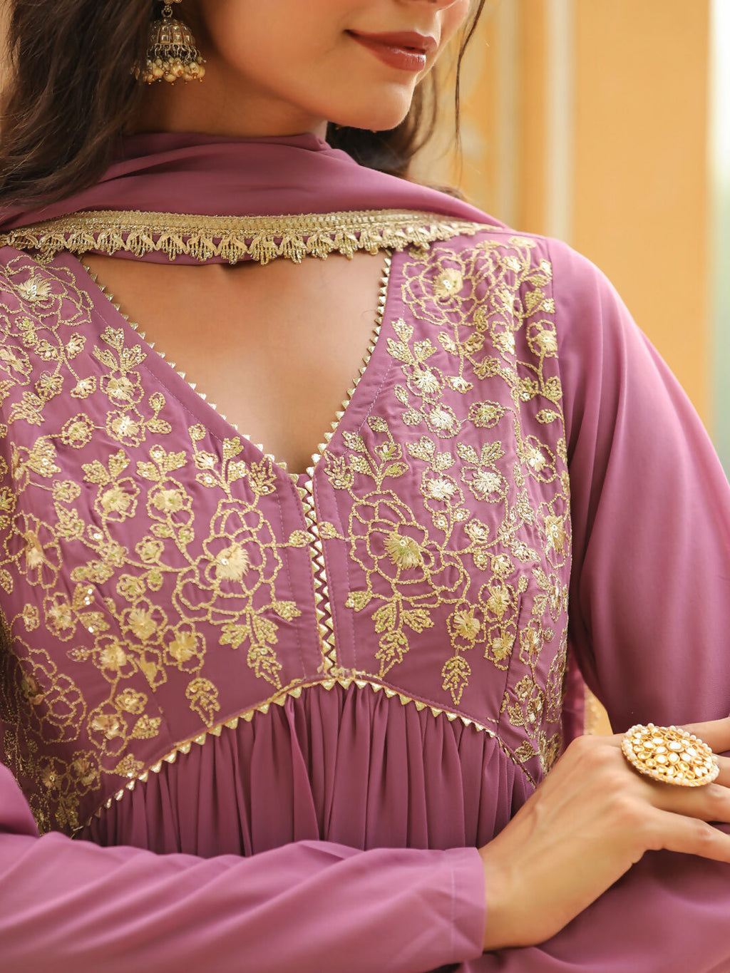 Janasya Lavender Georgette Yoke Embroidery Kurta,Bottom & Dupatta