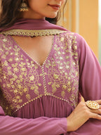 Janasya Lavender Georgette Yoke Embroidery Kurta,Bottom & Dupatta