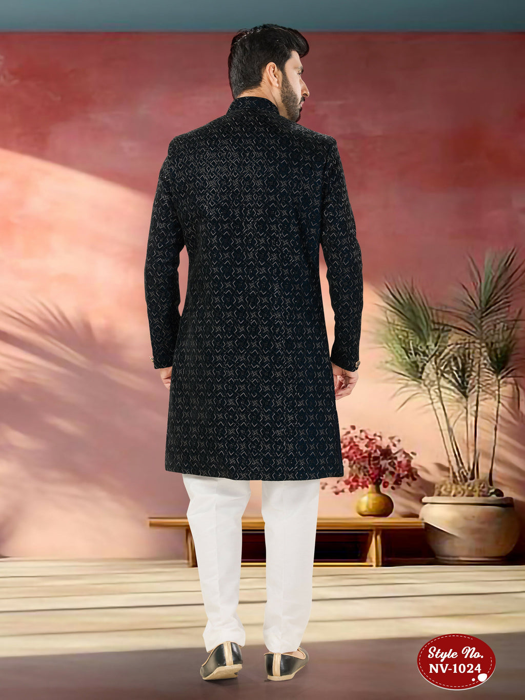 Joban Fashion Men's Blue Base Straight Velvet Thread And Sequence Embroidary All Over Indo-Western Kurta Set