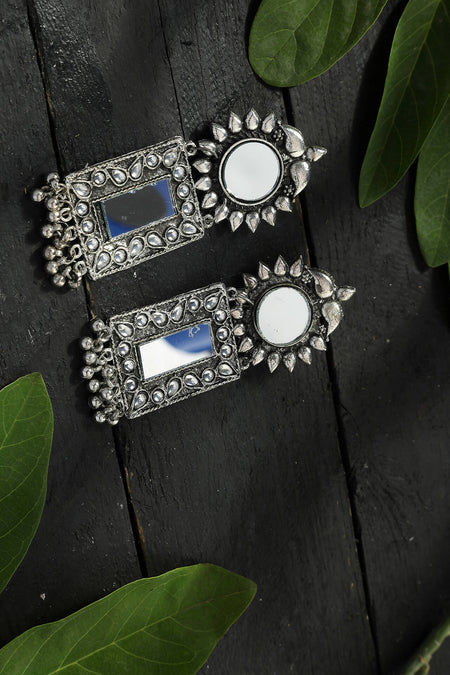 Mominos Fashion Joharkamal Silver-Plated Mirror Design Drop Earrings For Women