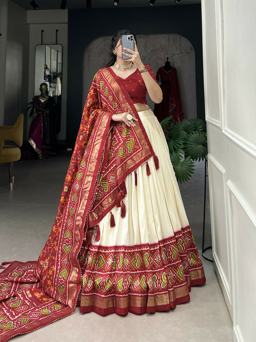 Lorenvalley Offwhite and Red Tussar Silk Patola Print Lehenga Choli