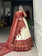 Lorenvalley Offwhite and Red Tussar Silk Patola Print Lehenga Choli