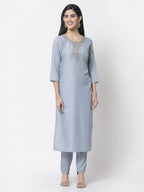 Myshka Women Light Blue Silk Blend Embroidered 3/4 Sleeve Round Neck Kurta Pant Dupatta Set