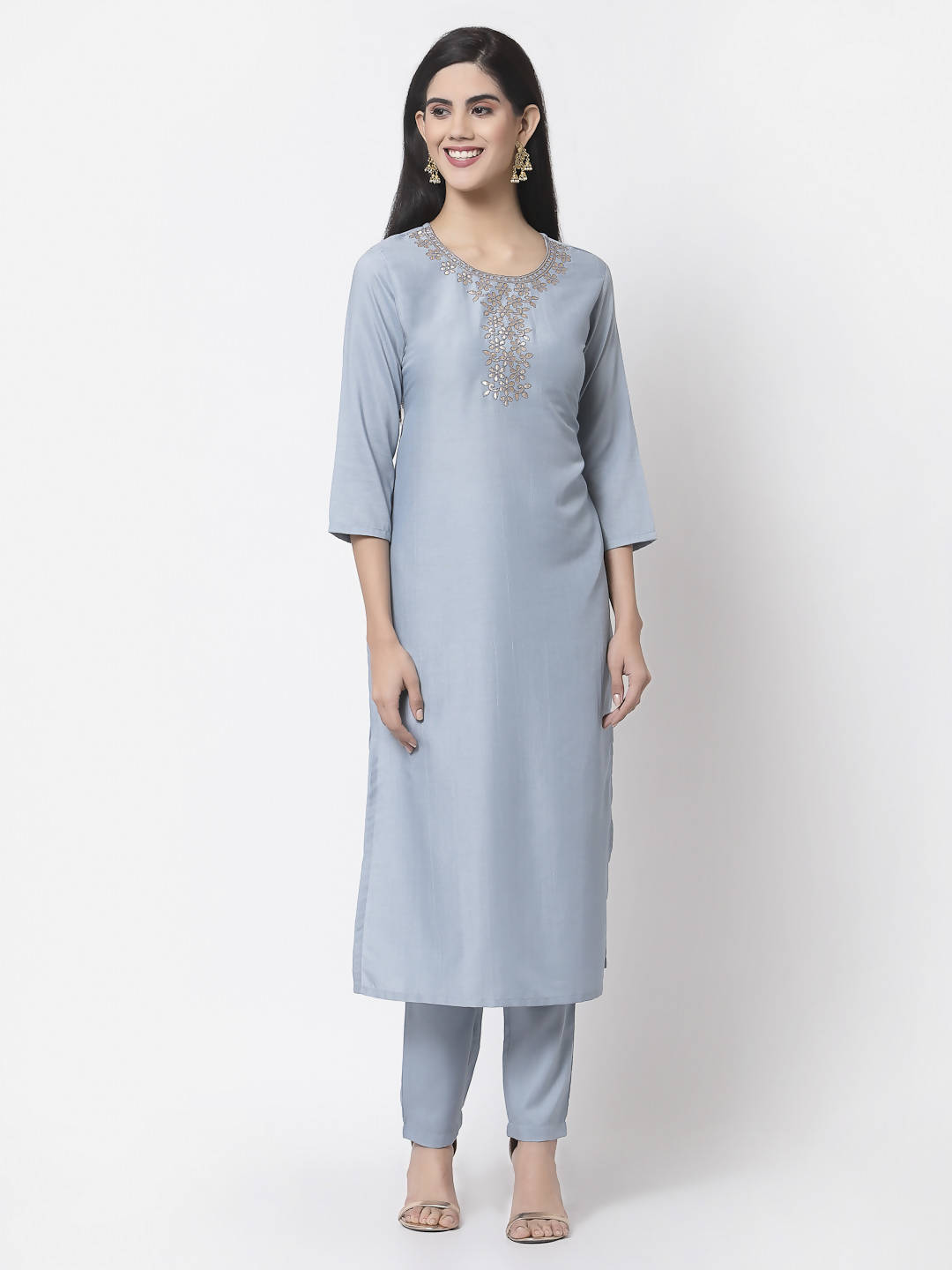 Myshka Women Light Blue Silk Blend Embroidered 3/4 Sleeve Round Neck Kurta Pant Dupatta Set