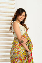 Vastranavya Yellow Digital Printed Linen Ready To Wear Designer Saree with Unstitched Blouse - Distacart