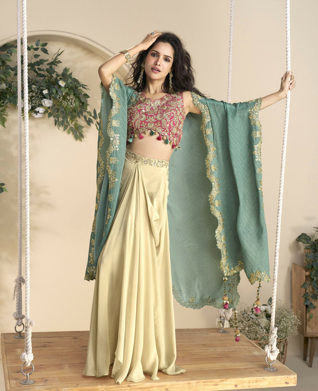 Anaita Maroon Chinon Readymade Shrug Suit with Embroidery Sequence Work - Distacart