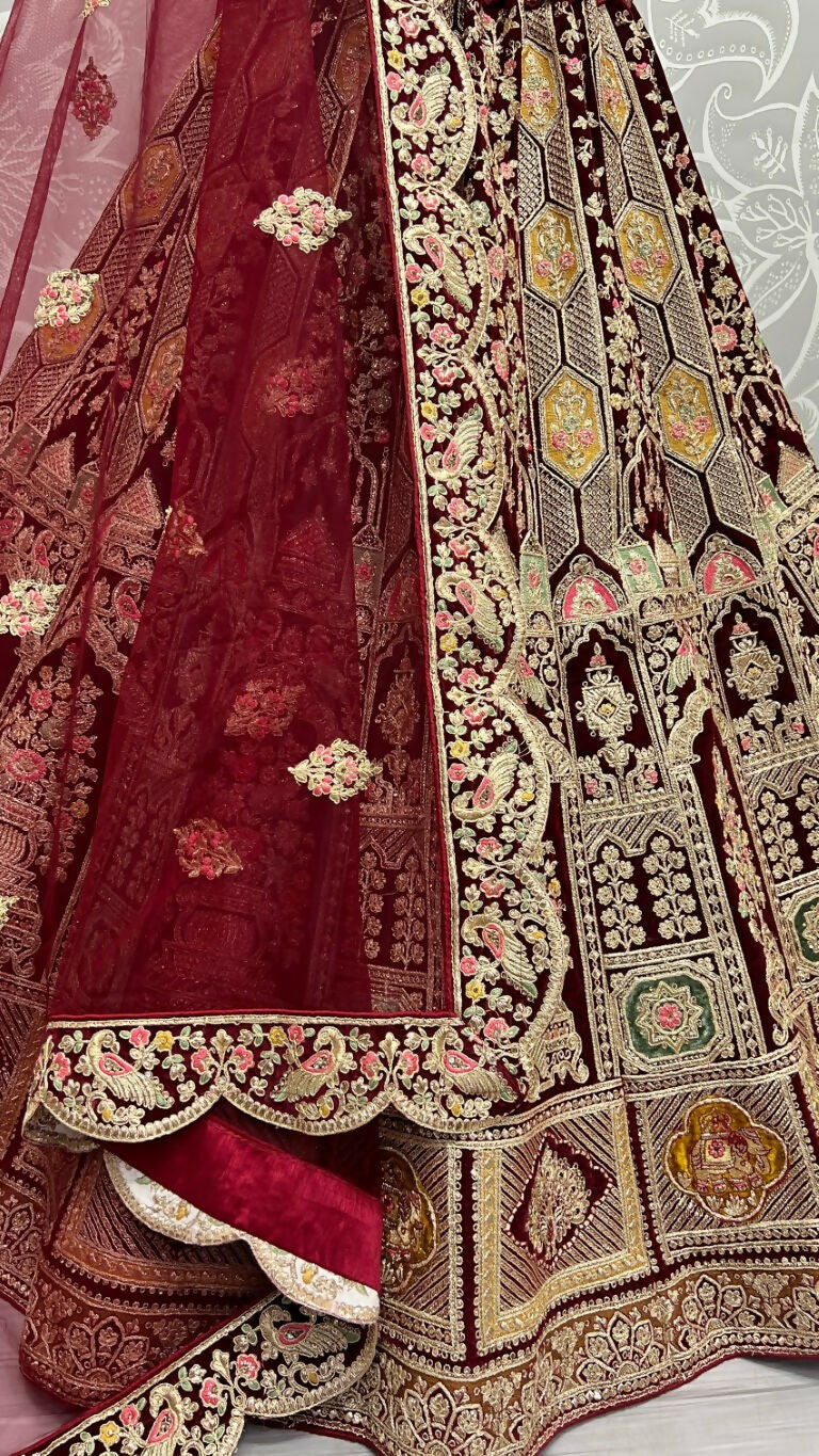Jyoti Fashion Women's Maroon Velvet Dori, Multi Thread Embroidered with Diamond Work Wedding Lehenga Choli