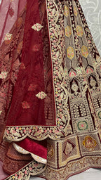 Jyoti Fashion Women's Maroon Velvet Dori, Multi Thread Embroidered with Diamond Work Wedding Lehenga Choli