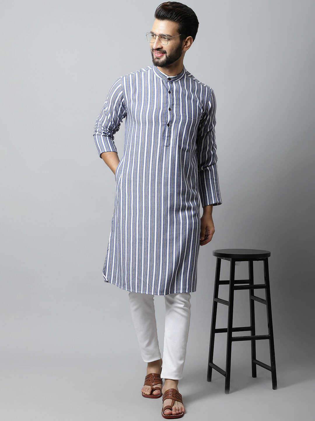 Even Apparels Blue Color Pure Cotton Men's Kurta With Band Collar (STR1168) - Distacart