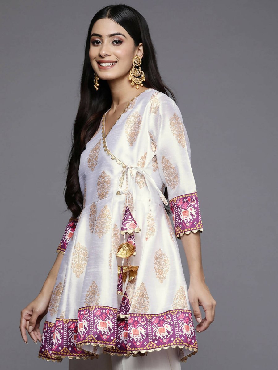 Ahalyaa Women White & Golden Ethnic Printed Tunic - Distacart