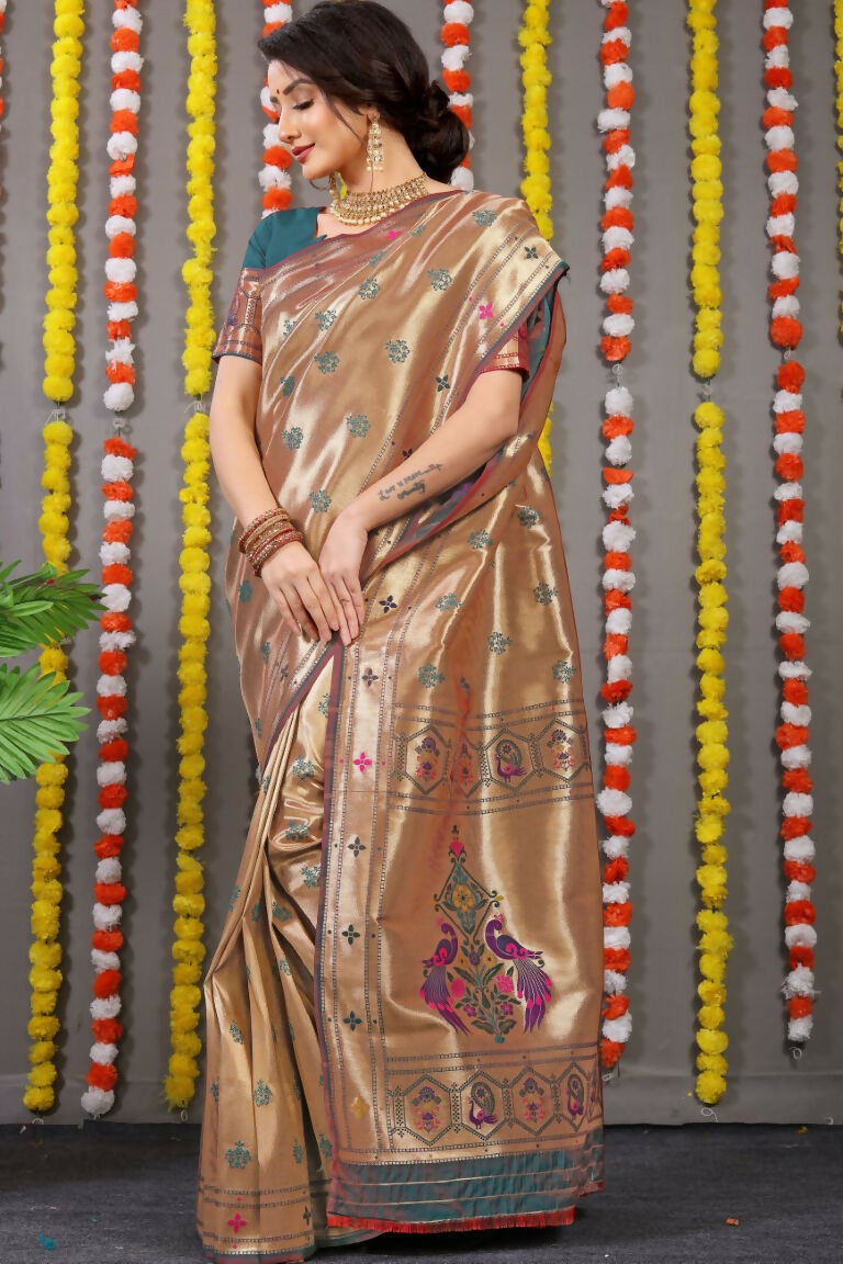Jyoti Fashion Women's Grey Paithani Silk Zari Woven Saree with Blouse