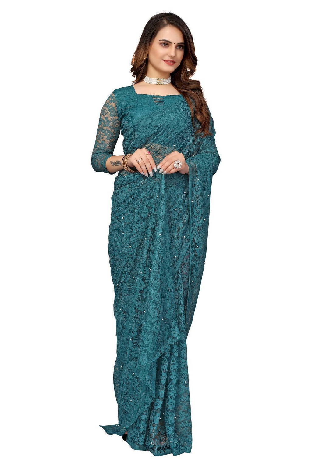 Vamika Rama Green Pearls Net Saree - Distacart
