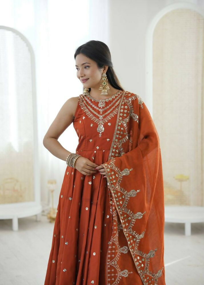 Teeya Creation Orange Color Roman Silk Embroidery Work Party Wear Gown - Distacart