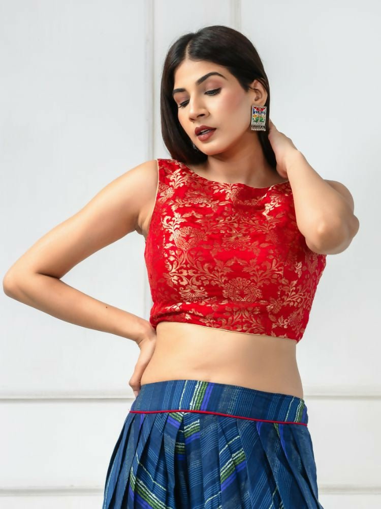 Amodini Designer Studio Women's Banarsi Brocade Sleeveless Red Blouse