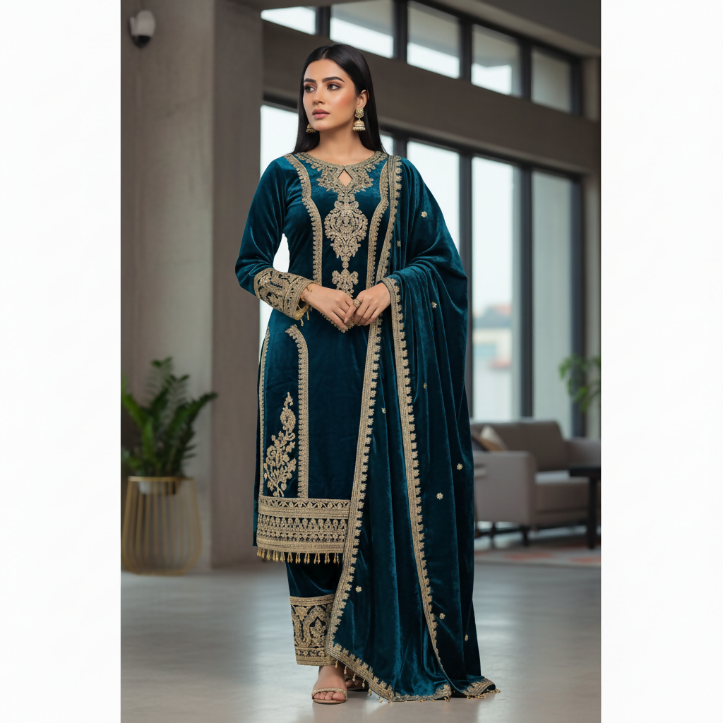 Joban Fashion Teal Kurta Set Velvet Embroidery Sequence Work - Distacart