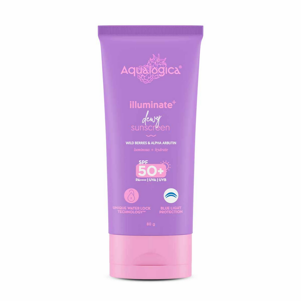 Aqualogica IIIuminate + Dewy Sunscreen SPF 50 PA++++ UVA/B & Blue Light Protection No White
