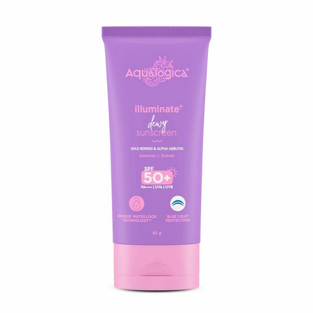 Aqualogica IIIuminate + Dewy Sunscreen SPF 50 PA++++ UVA/B & Blue Light Protection No White