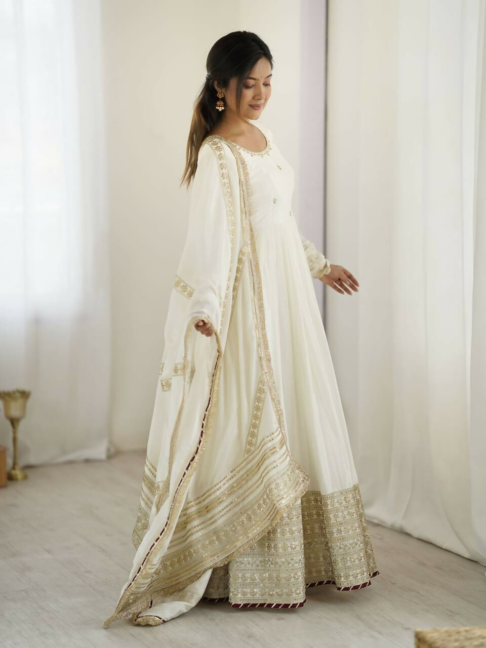 The52 Women's Gorgeous Chinon Silk Fabric Embroidery Work Flared Anarkali Pant and Dupatta Set - Distacart