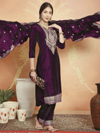 Jyoti Fashion Women's Wine Velvet Cording with Resham Thread & Sequin Kurta with Trouser & Dupatta