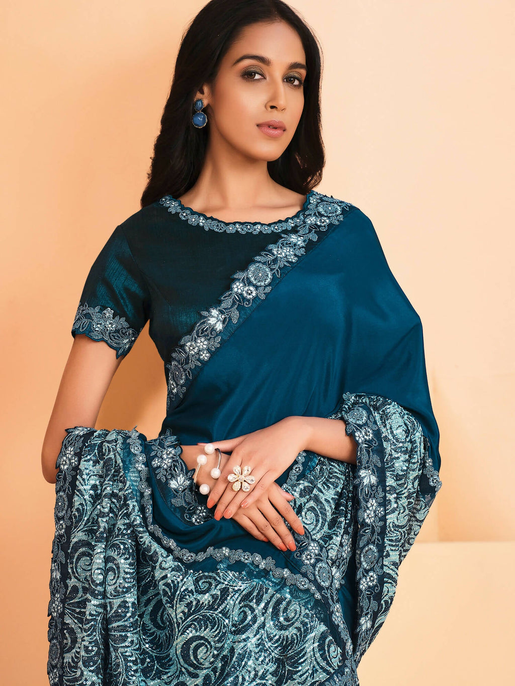 Teal Satin Crepe Silk Sequence Embroidered Saree With Unstitched Blouse - Mohmanthan Yavanika