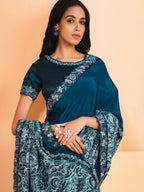 Teal Satin Crepe Silk Sequence Embroidered Saree With Unstitched Blouse - Mohmanthan Yavanika