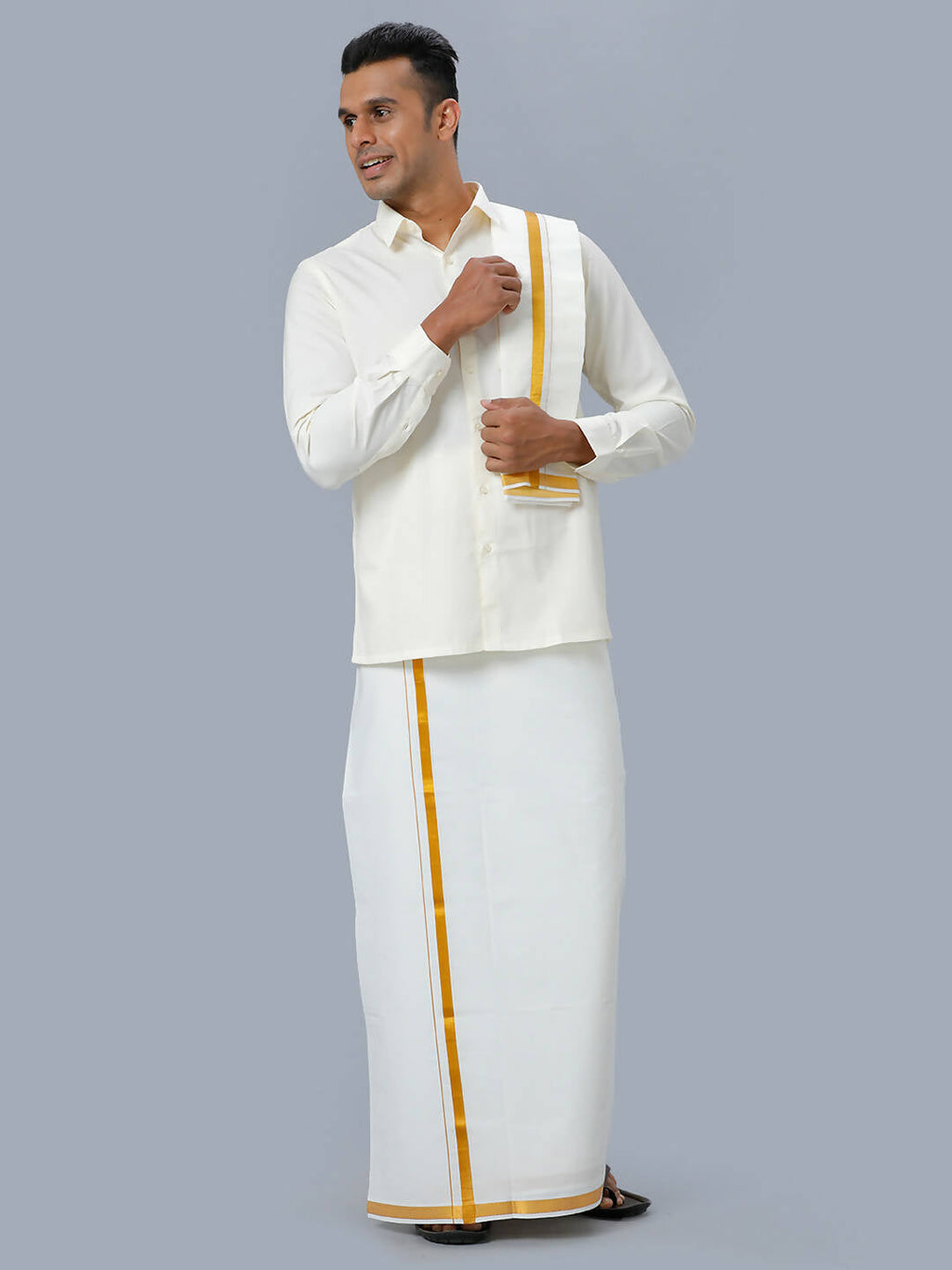 Ramraj Cotton Mens Wedding Cream Regular Dhoti, Shirt & Towel Set Subhakalyan 3/4"