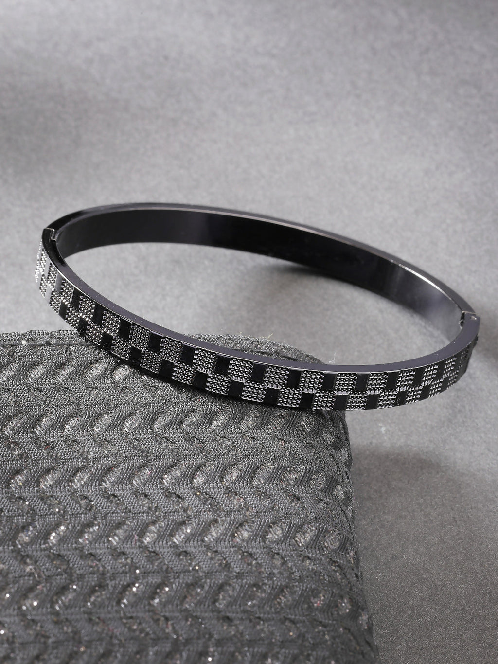 NVR Men's Black Rhodium-Plated Stainless Steel Kada Bracelet - Distacart