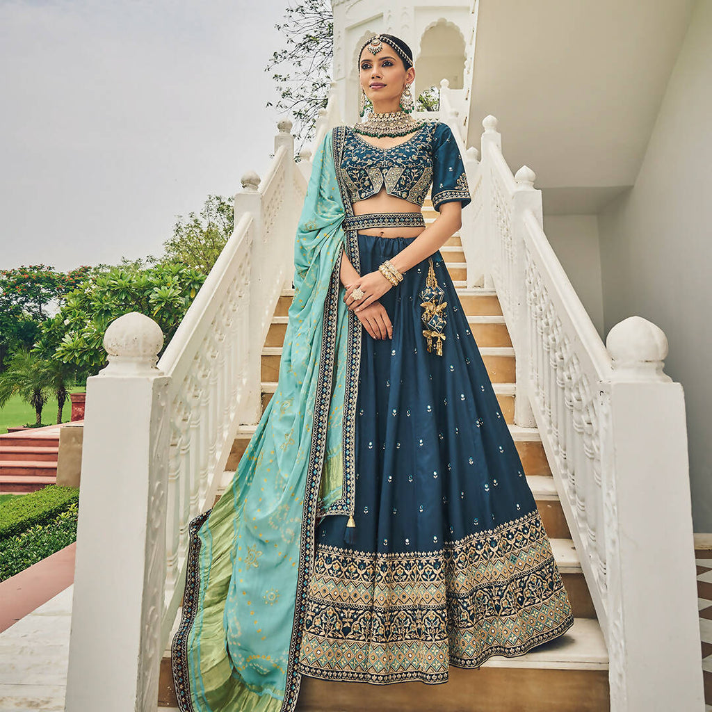 Navy Blue Heavy Viscose Khatli, Embroidery & Mirror Work Unstitched Lehenga Choli - Sisha Keshav