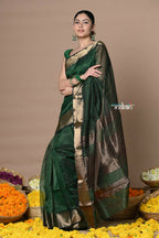 Very Much Indian Rajsi - Handloom Ari Checks Cotton Silk Saree With Golden Border - Bottle Green