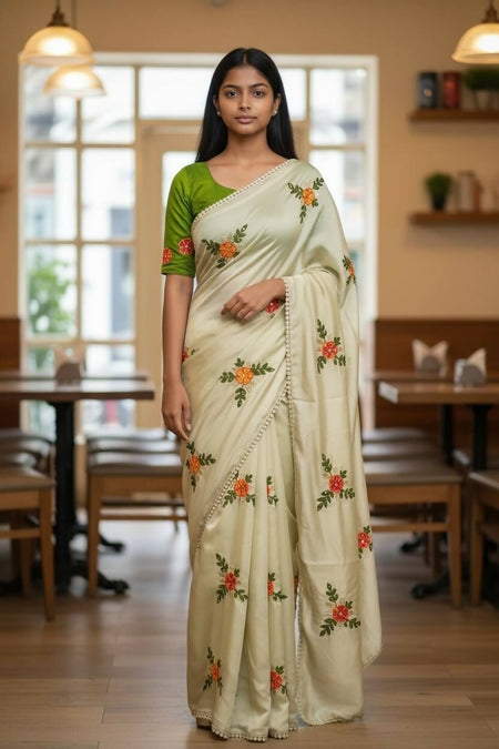 Teeya Creation Cream Rangoli Silk Embroidery Work Party Wear Designer Saree