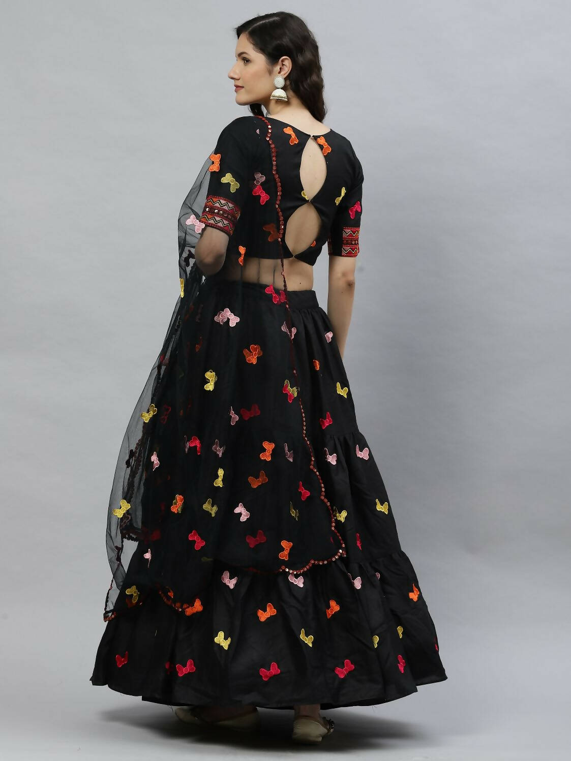 Black Cotton Embroidered Work Lehenga Choli with Dupatta - Jivika