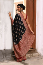 Joban Fashion Black Crepe Chiffon Pure Handloom Banarasi Silk Saree