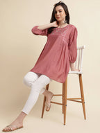 Pink Chinon Yoke Embroidered A-line Top - Tarini