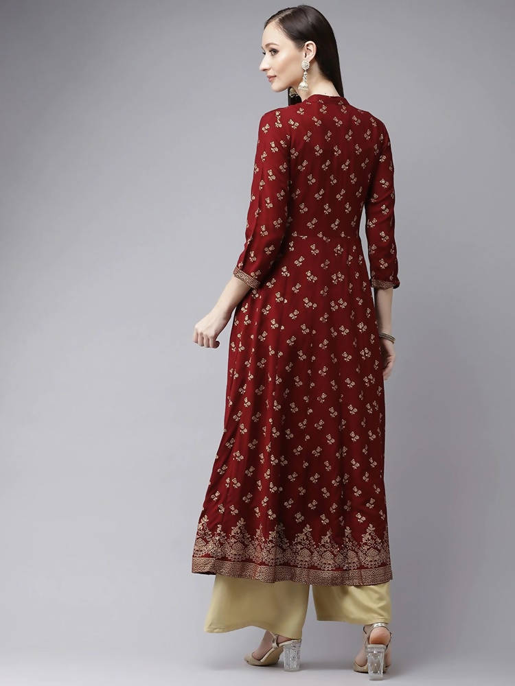 Yufta Women Maroon & Gold Floral Printed Kurta