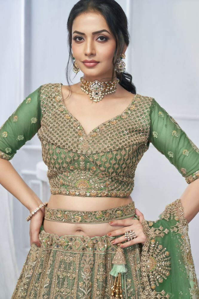 Kesar Fab Green Net Embroidered Lehenga