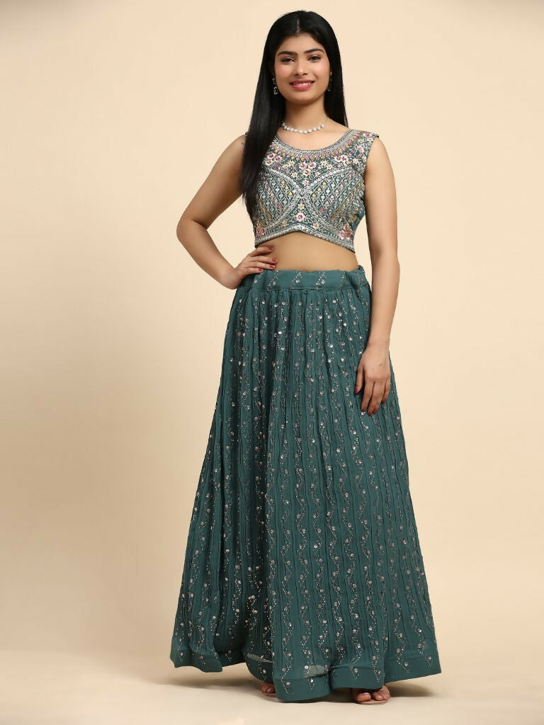 Green Georgette Embroidered Lehenga choli with Dupatta - Dhara