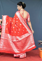 Jyoti Fashion Women's Red Soft Banarasi Silk Zari Woven Saree with Blouse