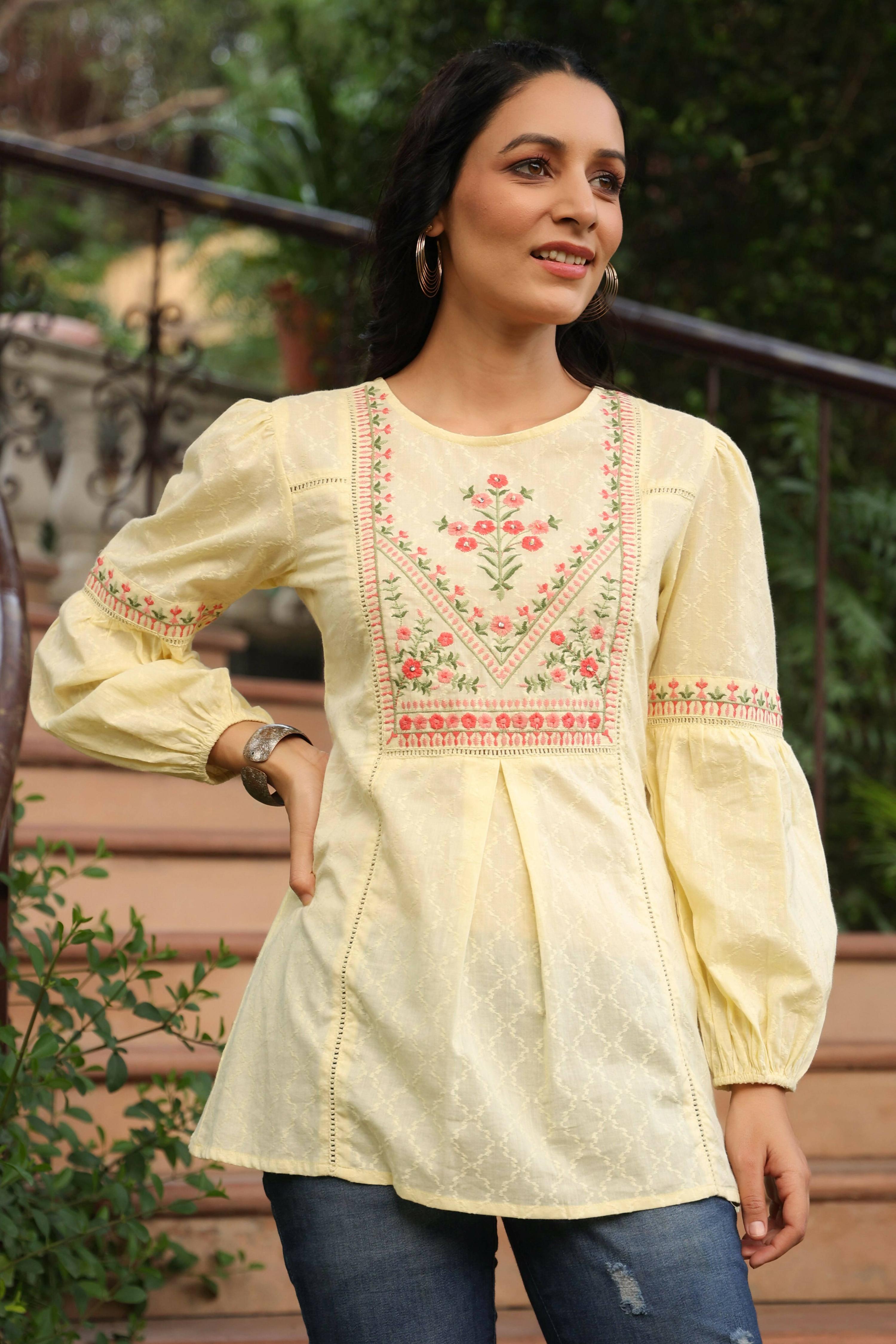 Juniper Women's Lemon Cotton Dobby Solid Embroidered Straight Tunic - Distacart