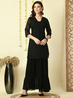 Myshka Women's Black Georgette Kurti & Skirt With Dupatta Party Sets