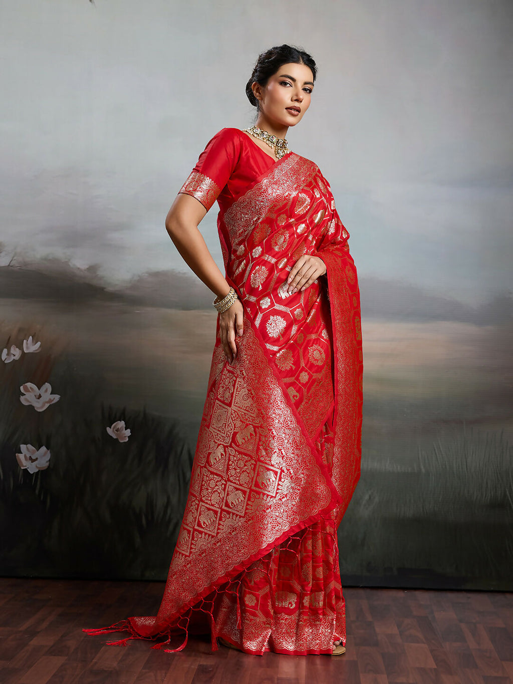 Shree Shyam Fashion Red Silk Blend Saree - Distacart