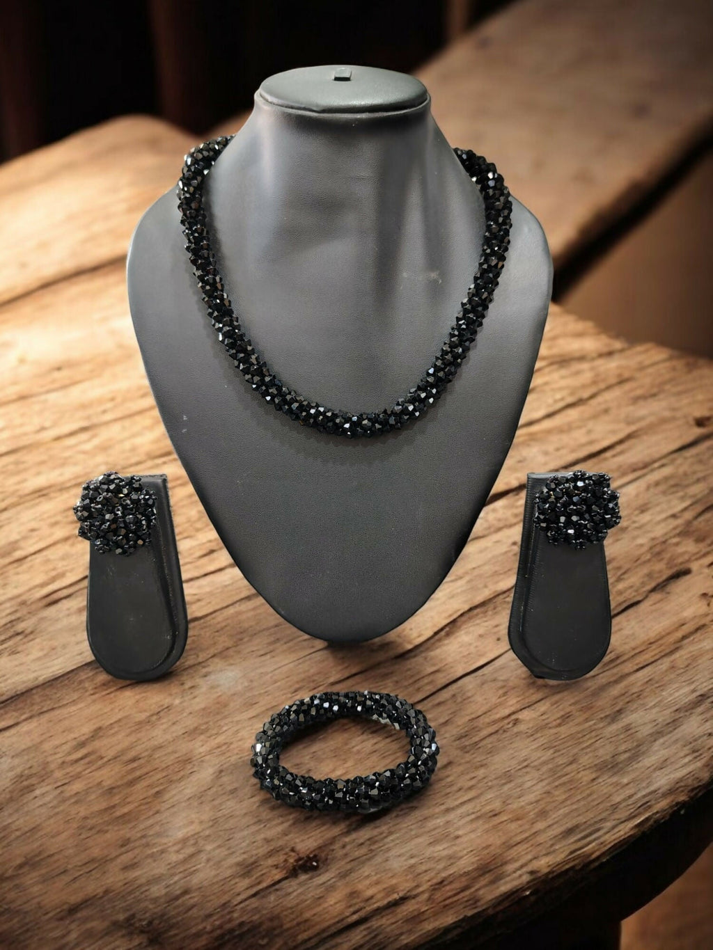 Inhanns Complete Look Crystal Statement 3-Piece Set (Adjustable Necklace + Earrings + Adjustable Bangle ) - Black