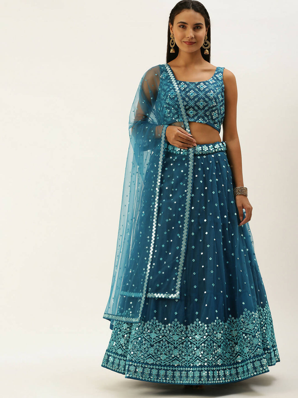 House of Panchhi Teal Net Sequinse Work Lehenga & Blouse, Dupatta