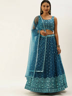 House of Panchhi Teal Net Sequinse Work Lehenga & Blouse, Dupatta
