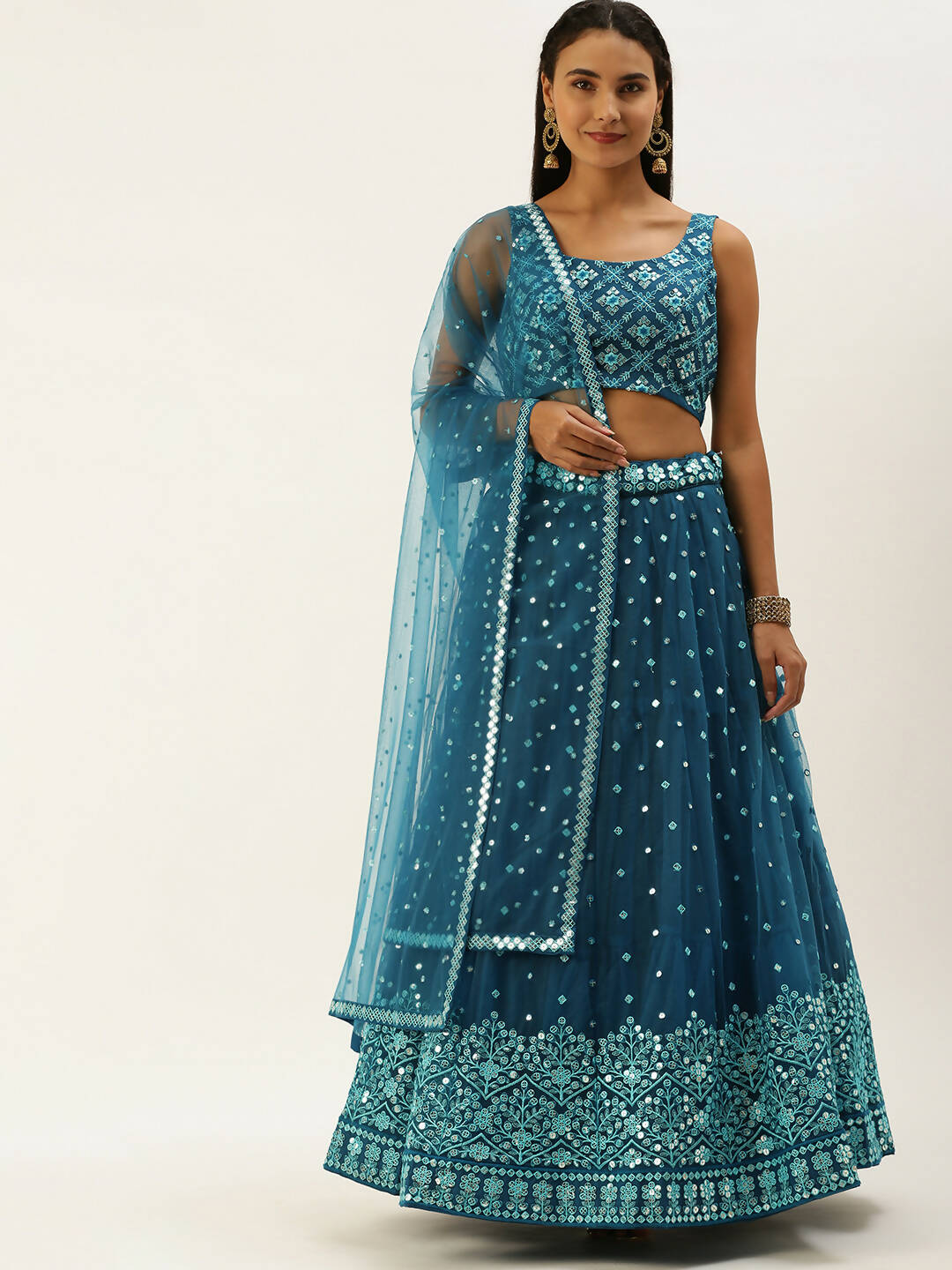 House of Panchhi Teal Net Sequinse Work Lehenga & Blouse, Dupatta