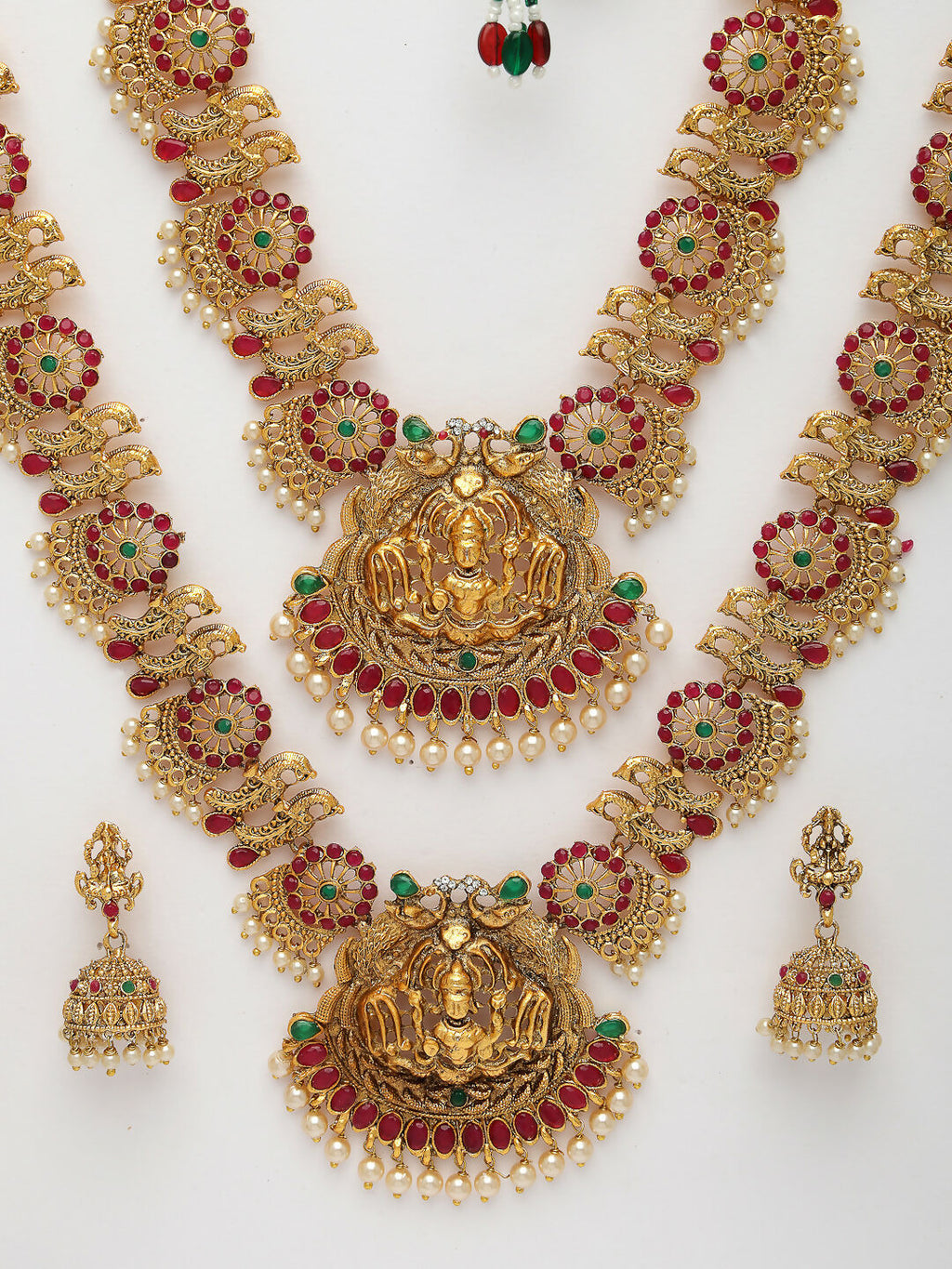 NVR Women's Set of 2 Gold-Polished Green & Pink Stone Studded Peacock & Lakshmi Design Temple Jewellery Set