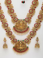 NVR Women's Set of 2 Gold-Polished Green & Pink Stone Studded Peacock & Lakshmi Design Temple Jewellery Set
