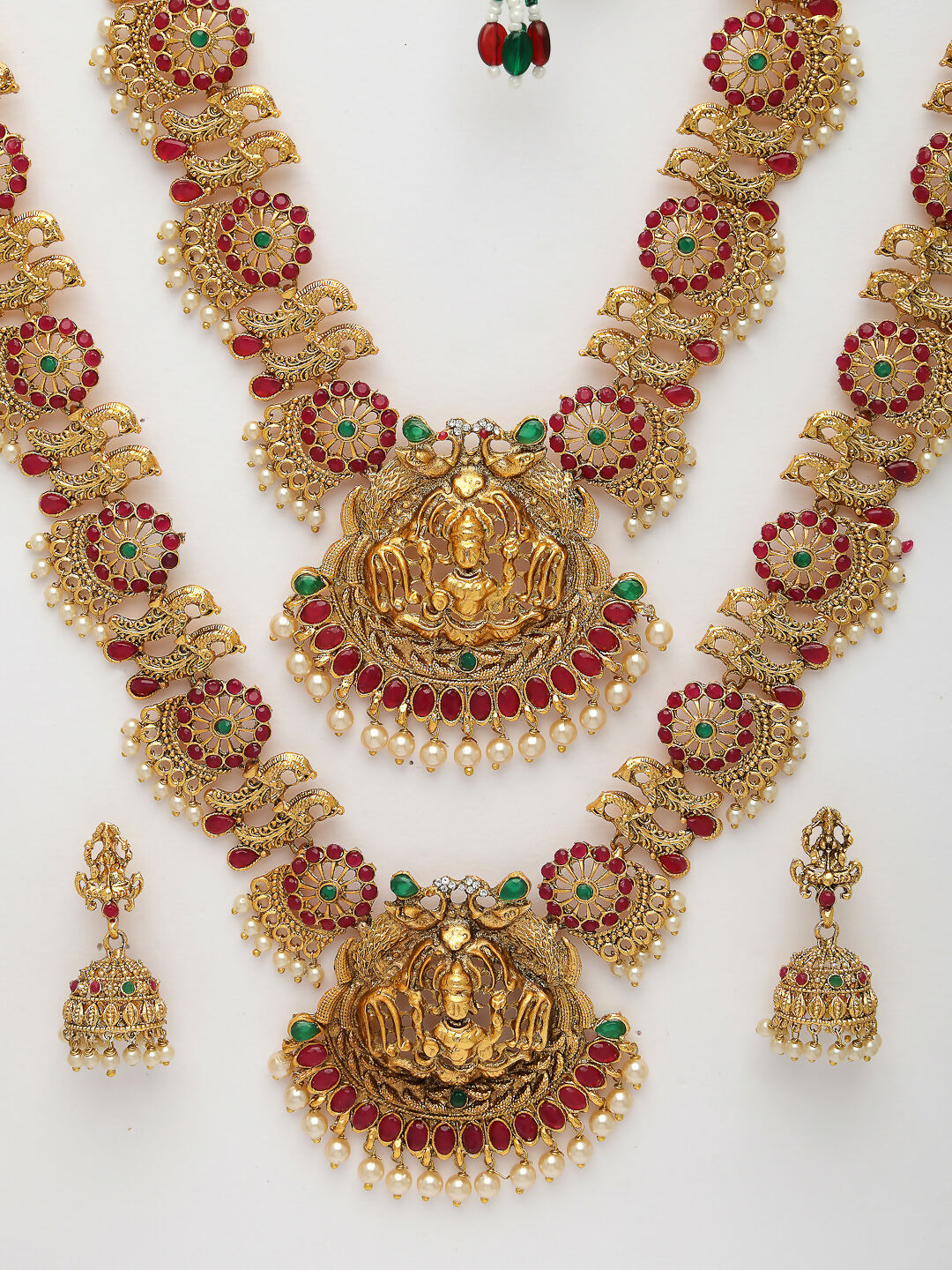 NVR Women's Set of 2 Gold-Polished Green & Pink Stone Studded Peacock & Lakshmi Design Temple Jewellery Set