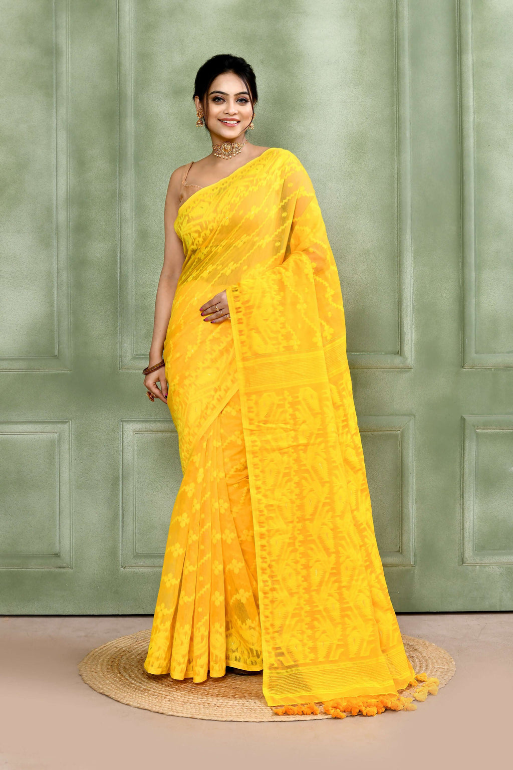 Piyari Fashion Women's Yellow Embellished Cotton Blend Jamdani Saree - Distacart