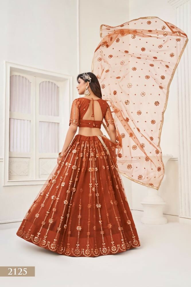 Aastha Fashion Brown Butterfly Net Tone To Tone Thread Work And Mirror Work Embroidery Wedding Wear Lehenga Choli
